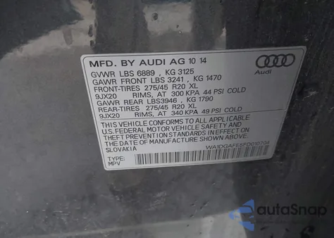 2015 Audi Q7 3.0T S Line Prestige z USA, uszkodzony, nr VIN WA1DGAFE5FD010704